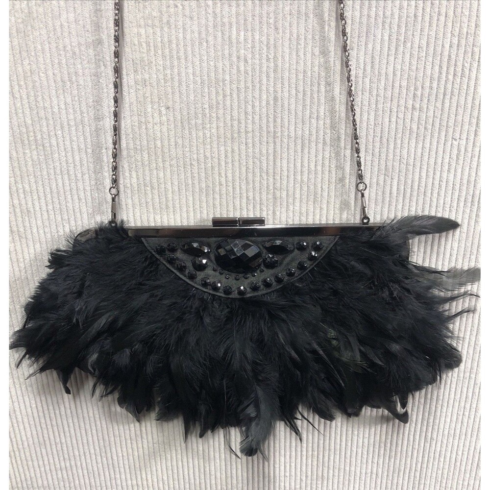 Black Feather Rhinestone Clutch Purse Convertible Chain Shoulder Evening Bag - Picture 2 of 14